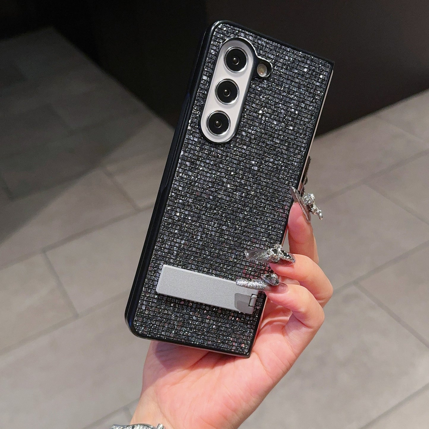 For Samsung Galaxy Z Fold6 5G Case Rhinestone Decor PU Leather Coated PC Phone Cover with Kickstand - Black / Grey