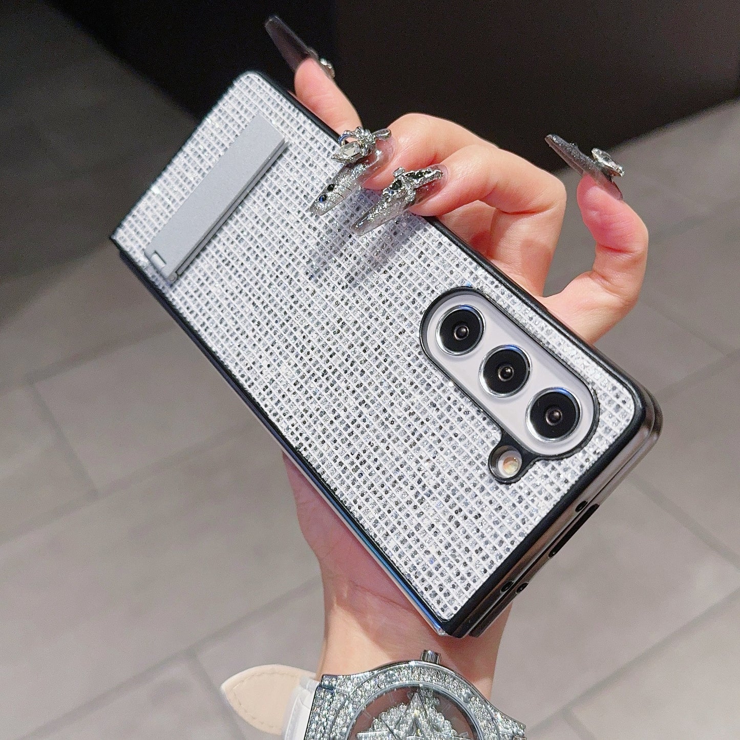 For Samsung Galaxy Z Fold6 5G Case Rhinestone Decor PU Leather Coated PC Phone Cover with Kickstand - Silver