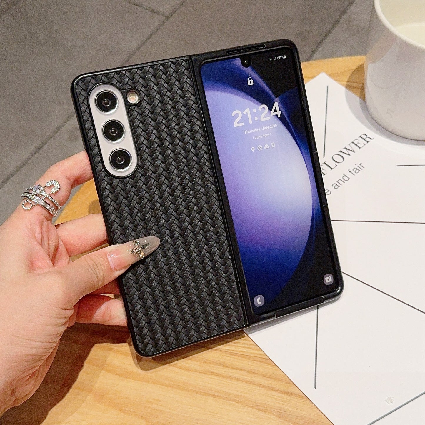 For Samsung Galaxy Z Fold6 5G Case Woven Texture PU Leather Coated PC Phone Cover - Black