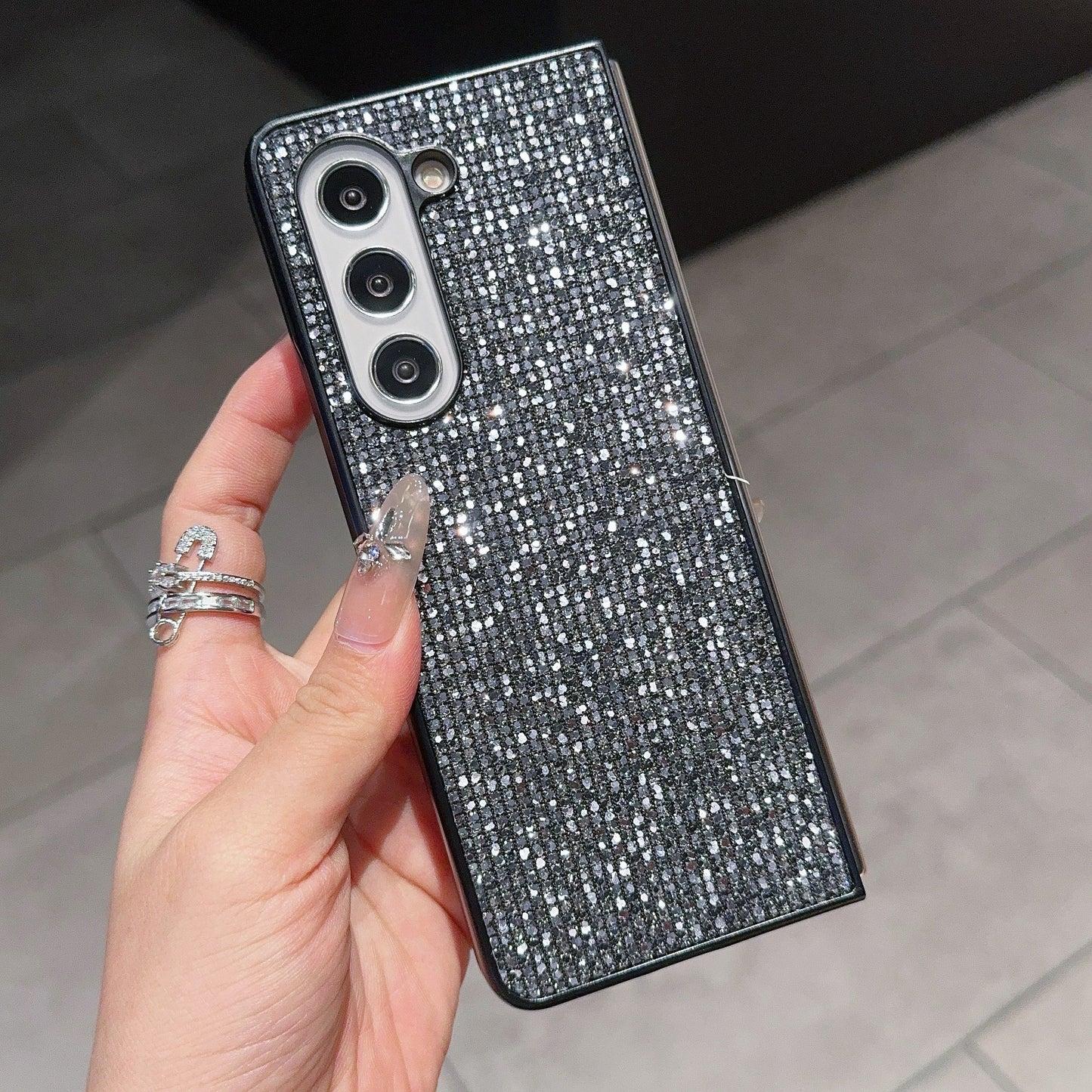 For Samsung Galaxy Z Fold6 5G Case Rhinestone Decor PU Leather Coated PC Phone Cover - Black / Grey
