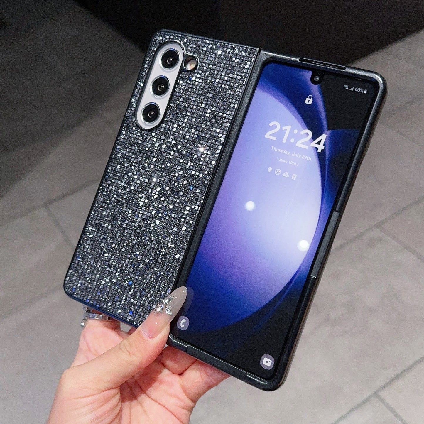 For Samsung Galaxy Z Fold6 5G Case Rhinestone Decor PU Leather Coated PC Phone Cover - Black / Grey