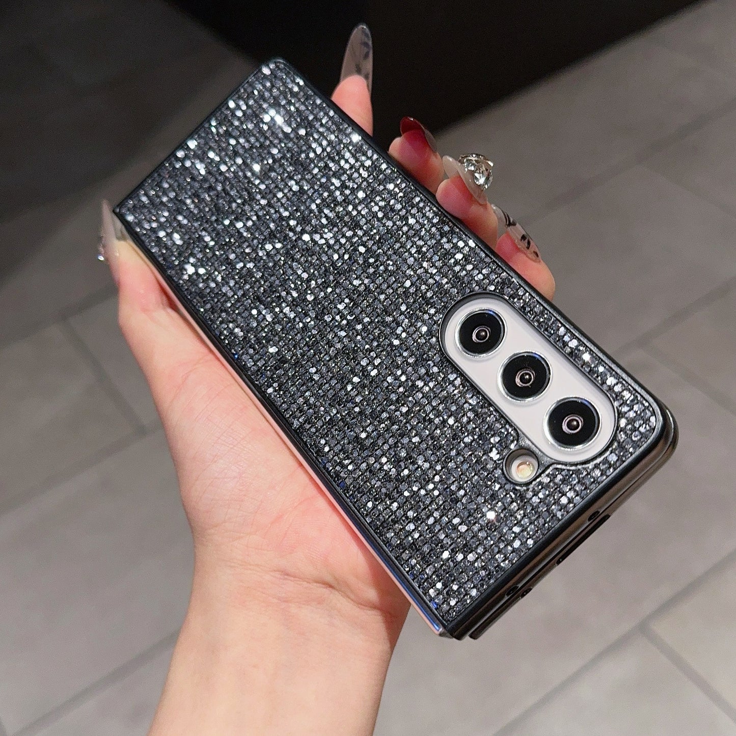 For Samsung Galaxy Z Fold6 5G Case Rhinestone Decor PU Leather Coated PC Phone Cover - Black / Grey