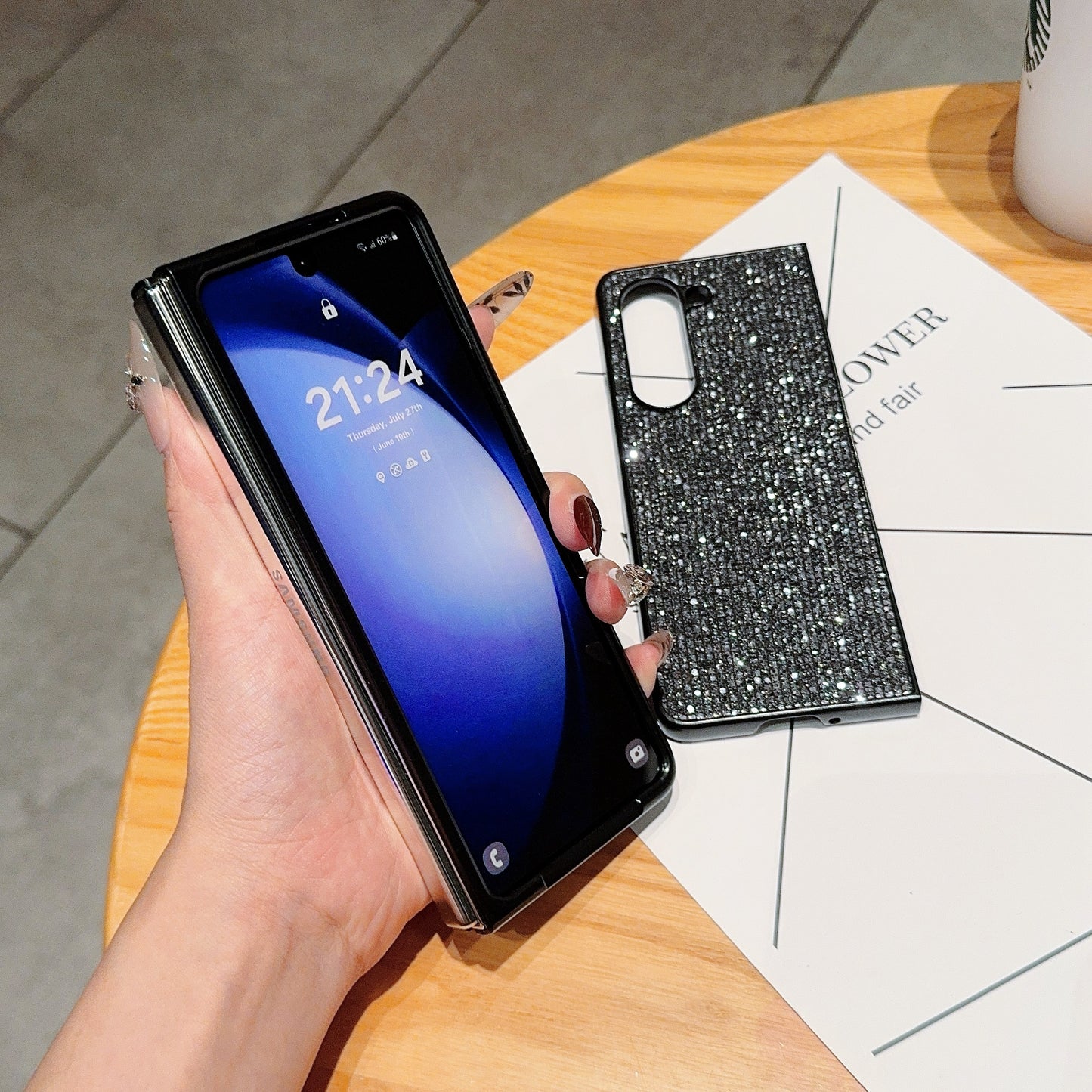 For Samsung Galaxy Z Fold6 5G Case Rhinestone Decor PU Leather Coated PC Phone Cover - Black / Grey