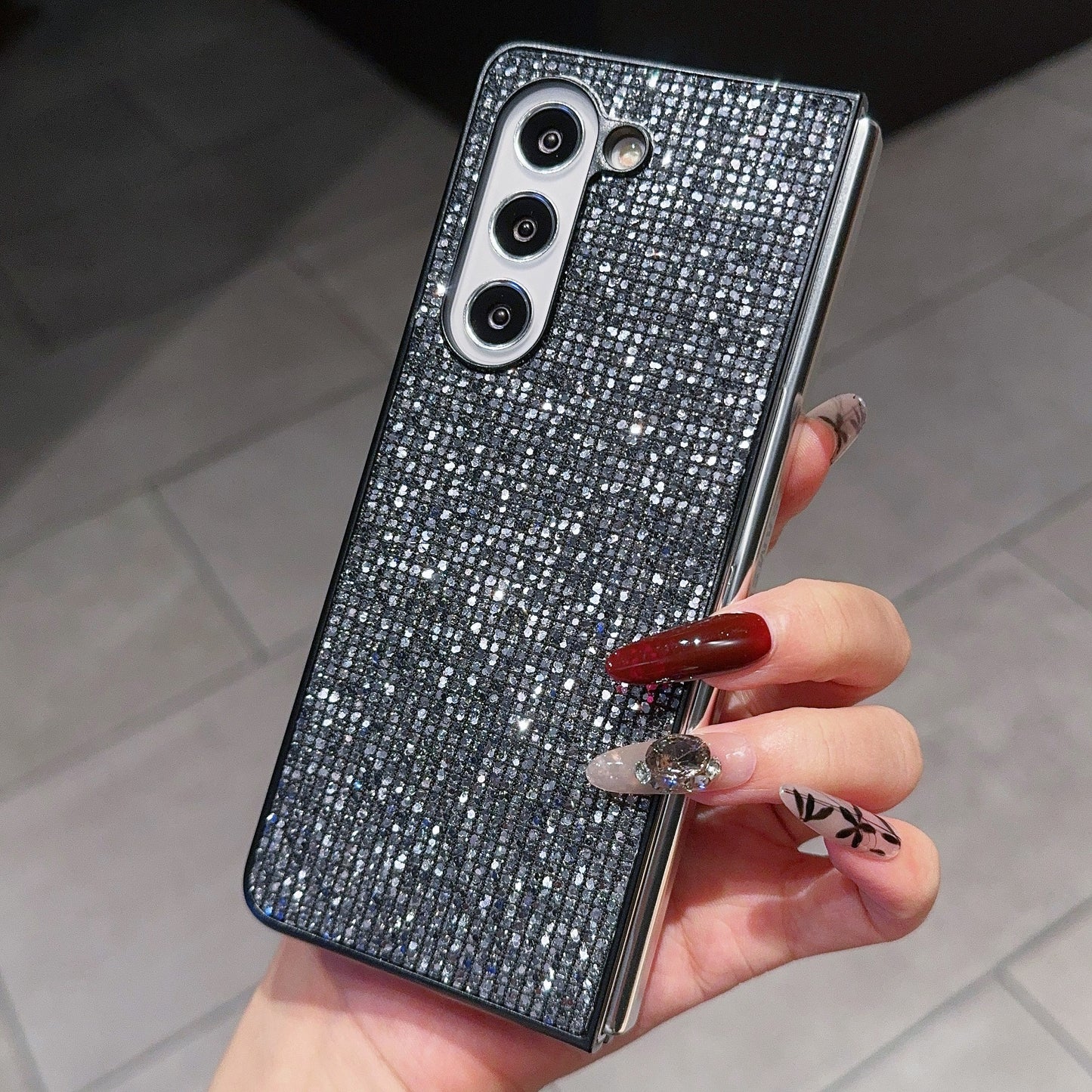 For Samsung Galaxy Z Fold6 5G Case Rhinestone Decor PU Leather Coated PC Phone Cover - Black / Grey