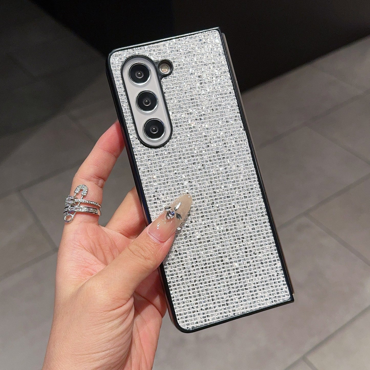 For Samsung Galaxy Z Fold6 5G Case Rhinestone Decor PU Leather Coated PC Phone Cover - Silver