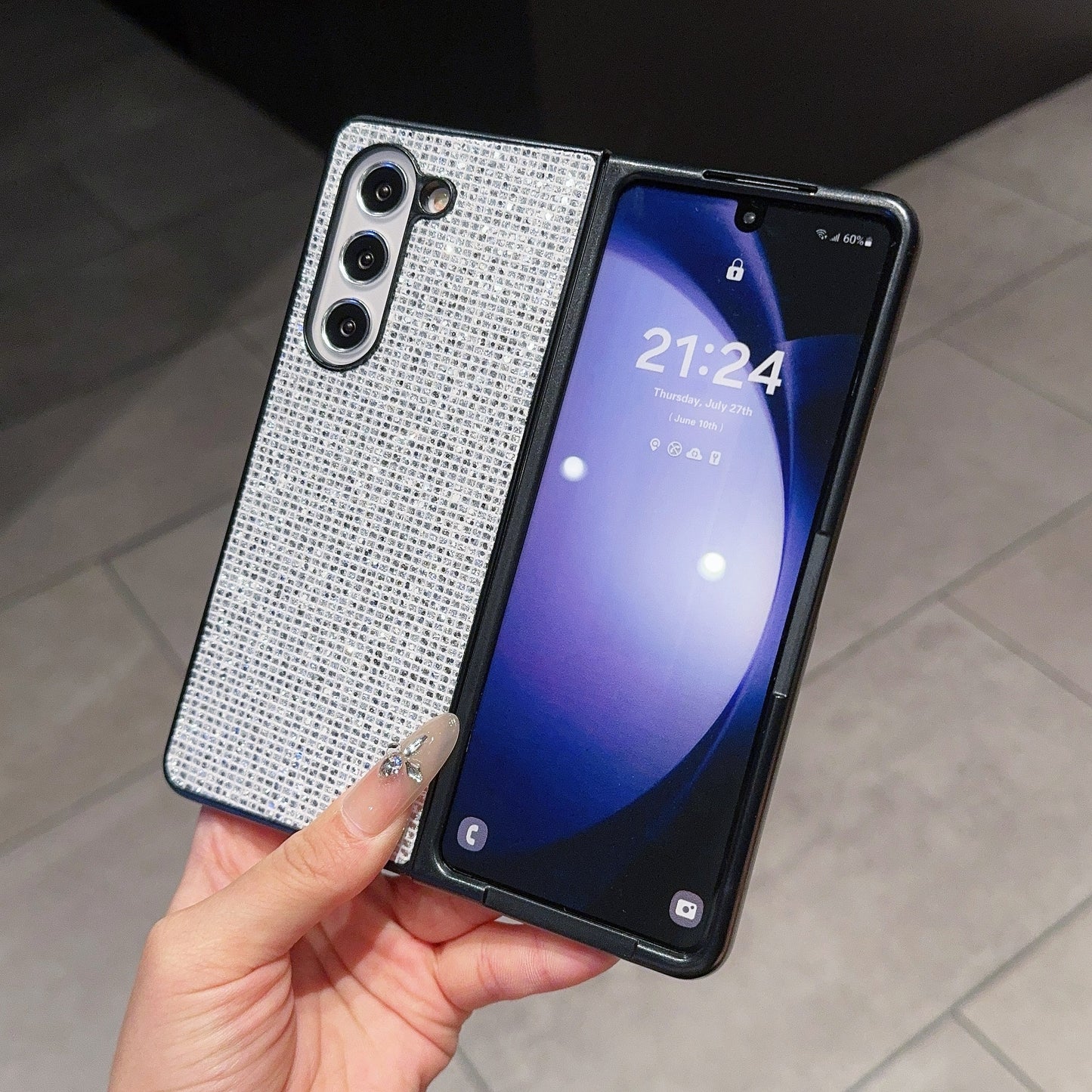 For Samsung Galaxy Z Fold6 5G Case Rhinestone Decor PU Leather Coated PC Phone Cover - Silver