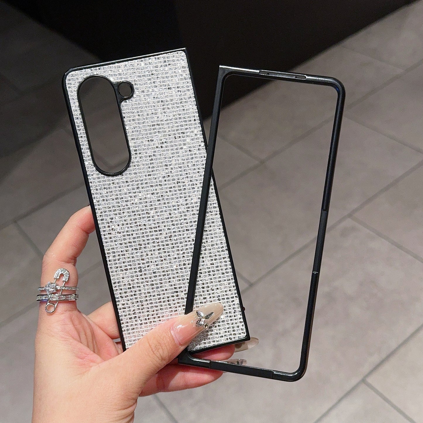 For Samsung Galaxy Z Fold6 5G Case Rhinestone Decor PU Leather Coated PC Phone Cover - Silver