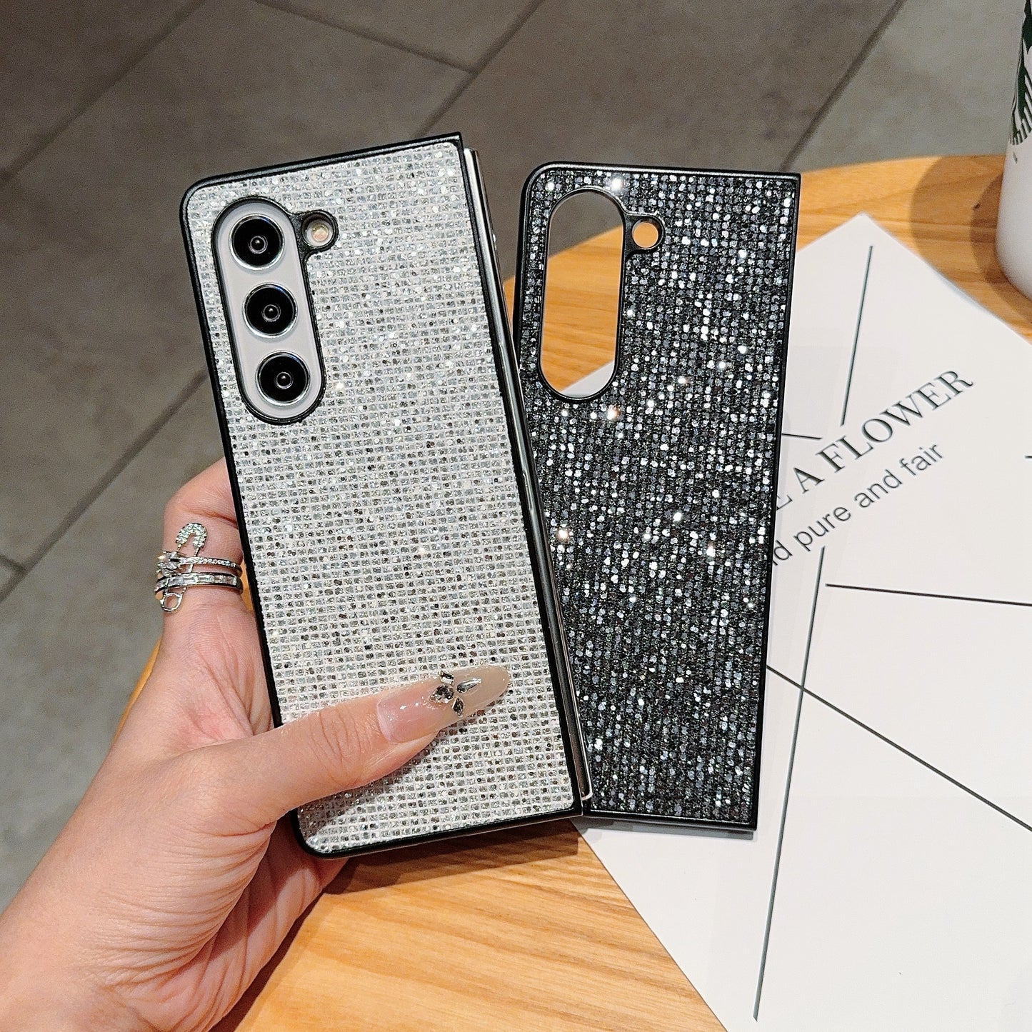 For Samsung Galaxy Z Fold6 5G Case Rhinestone Decor PU Leather Coated PC Phone Cover - Silver