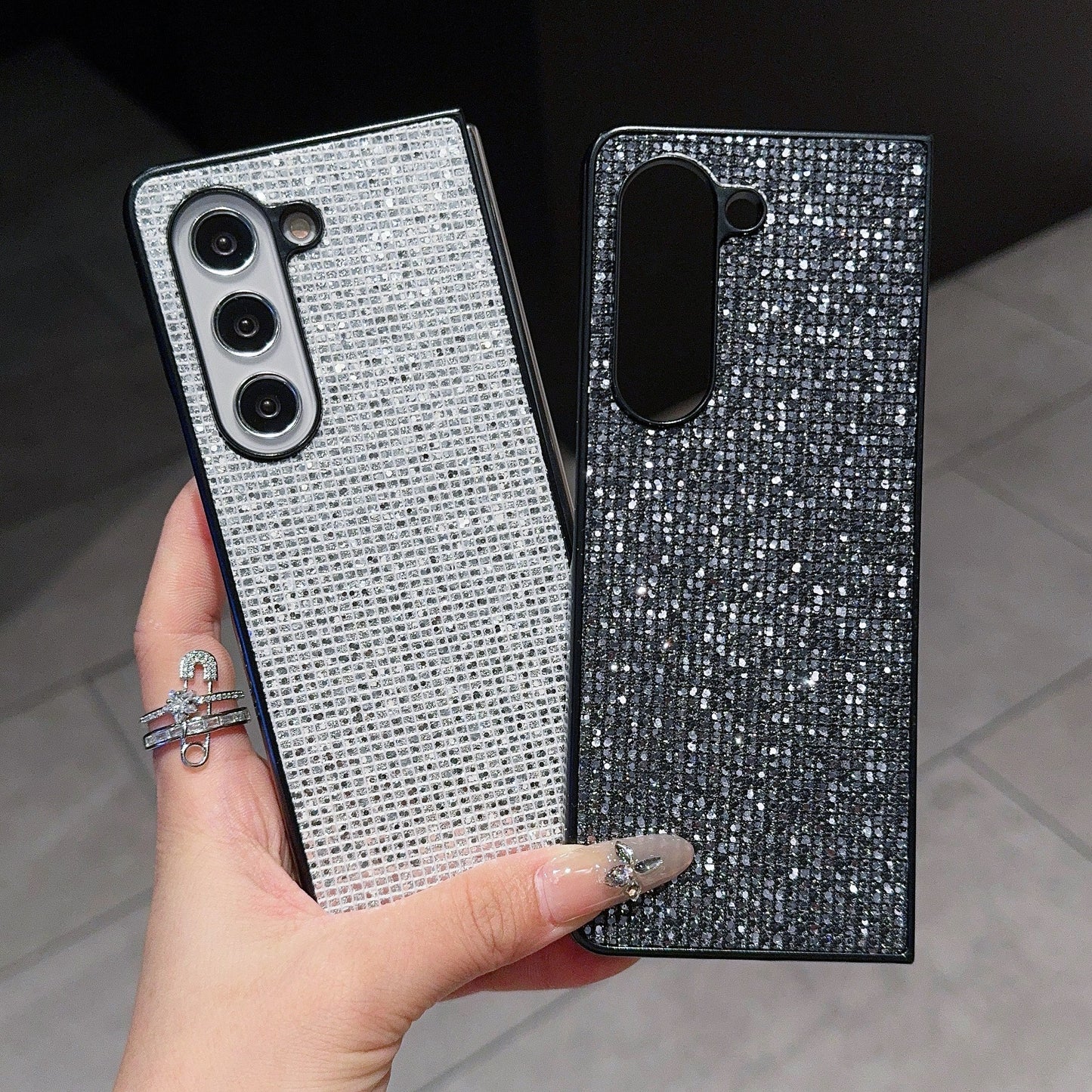 For Samsung Galaxy Z Fold6 5G Case Rhinestone Decor PU Leather Coated PC Phone Cover - Silver