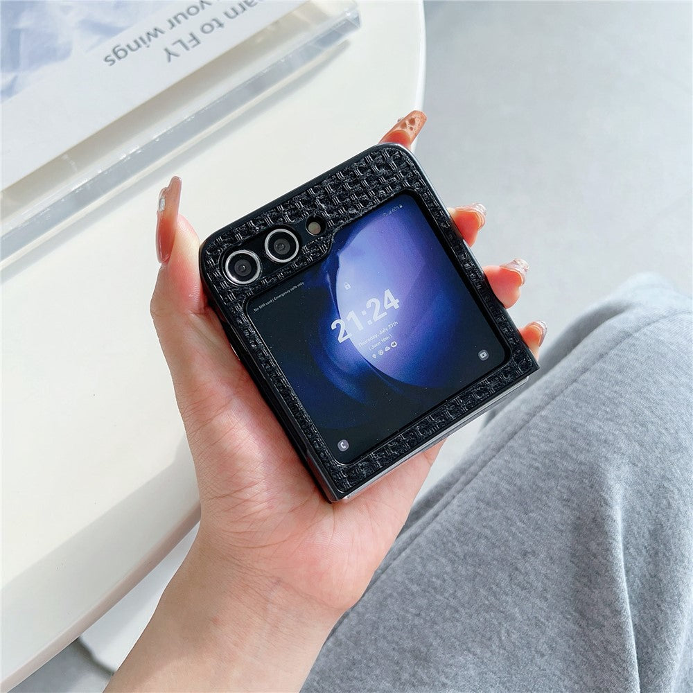 For Samsung Galaxy Z Flip7 FE 5G / Z Flip6 5G Case Tweed Pattern Leather Coated PC Phone Cover Two-Piece Design - Black