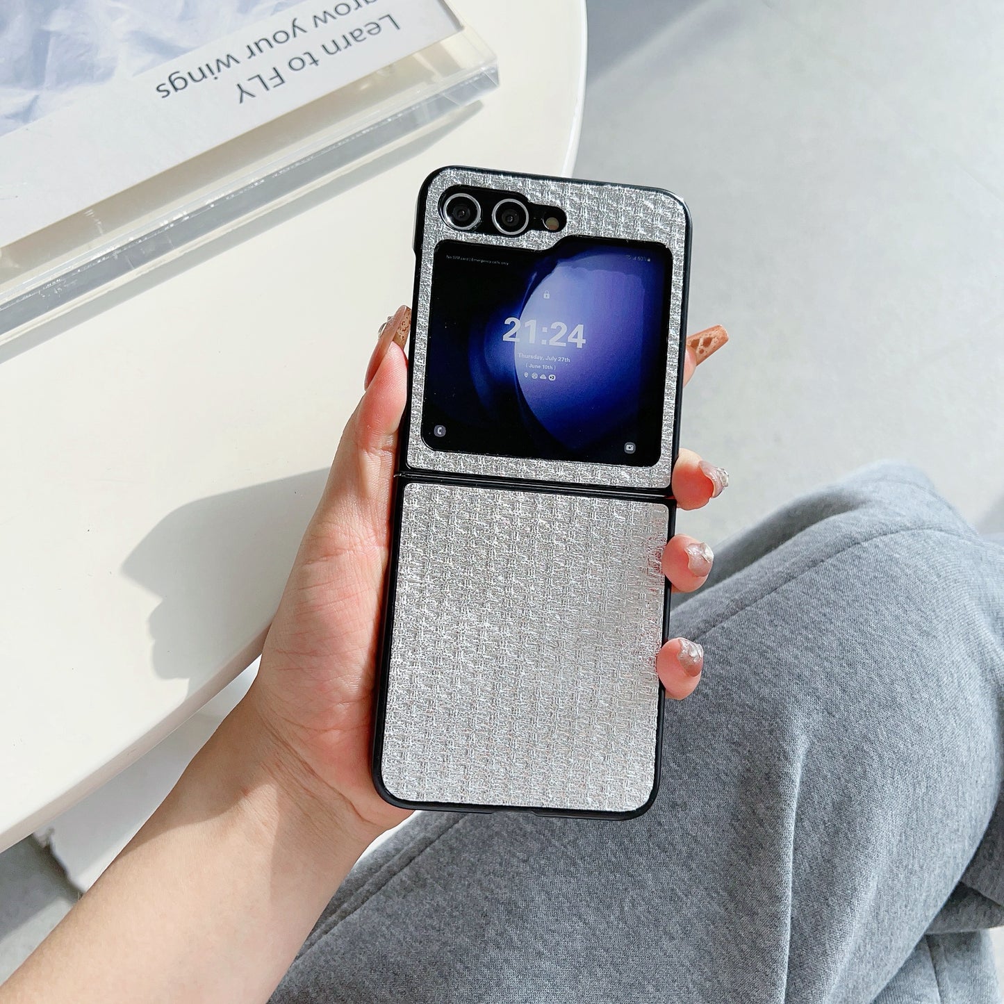 For Samsung Galaxy Z Flip6 5G Case Tweed Pattern Leather Coated PC Phone Cover Two-Piece Design - Silver