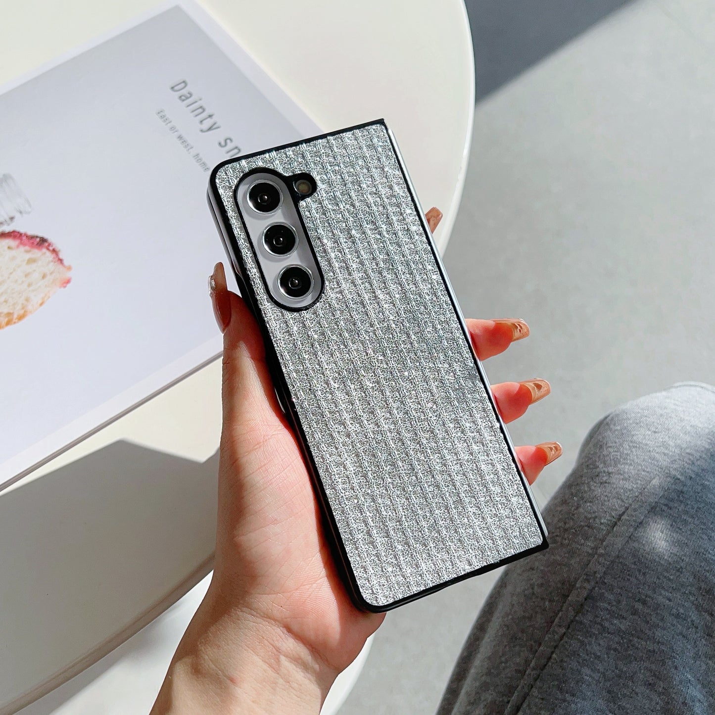 For Samsung Galaxy Z Fold6 5G Case Leather Coated PC Two-Piece Phone Cover Tweed Pattern - Silver