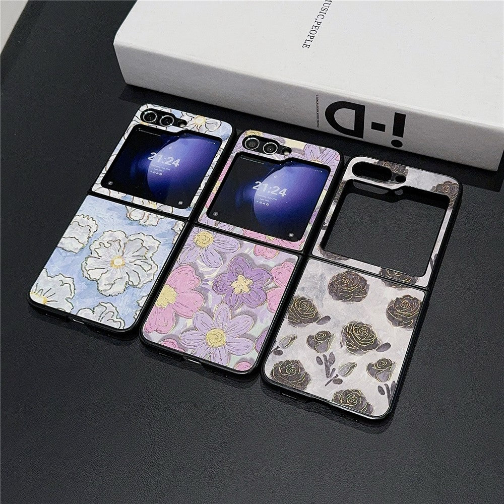 For Samsung Galaxy Z Flip7 FE 5G / Z Flip6 5G Case Leather + PC Protective Phone Cover Lacquered Pattern - Flowers