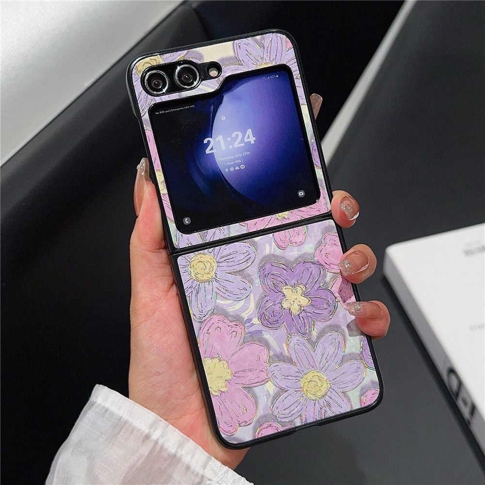 For Samsung Galaxy Z Flip7 FE 5G / Z Flip6 5G Case Leather + PC Protective Phone Cover Lacquered Pattern - Purple Flowers