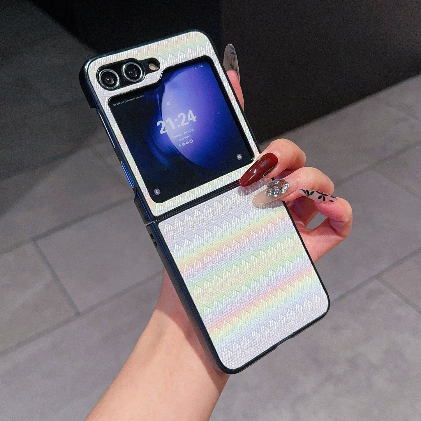 For Samsung Galaxy Z Flip6 5G Case Two-Piece Design Leather + PC Laser Grid Phone Cover - White