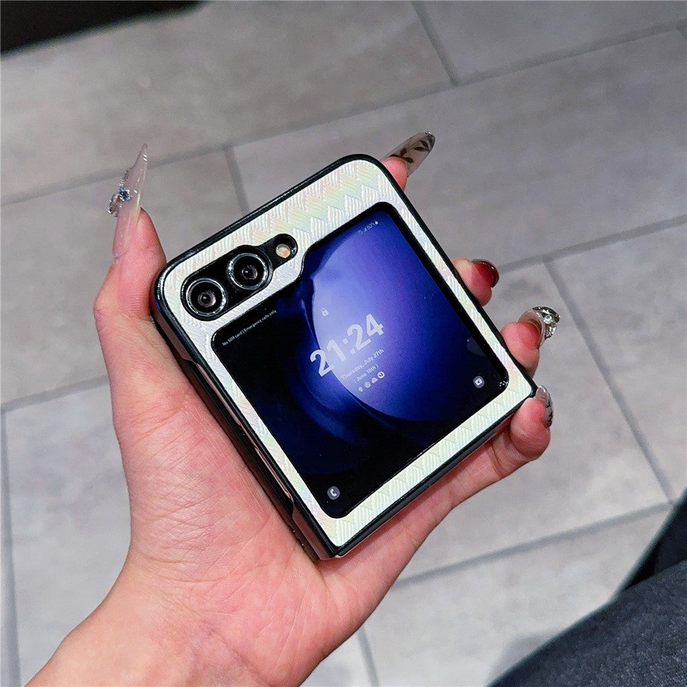 For Samsung Galaxy Z Flip7 FE 5G / Z Flip6 5G / Z Flip5 5G Case Two-Piece Design Leather + PC Laser Grid Phone Cover - White