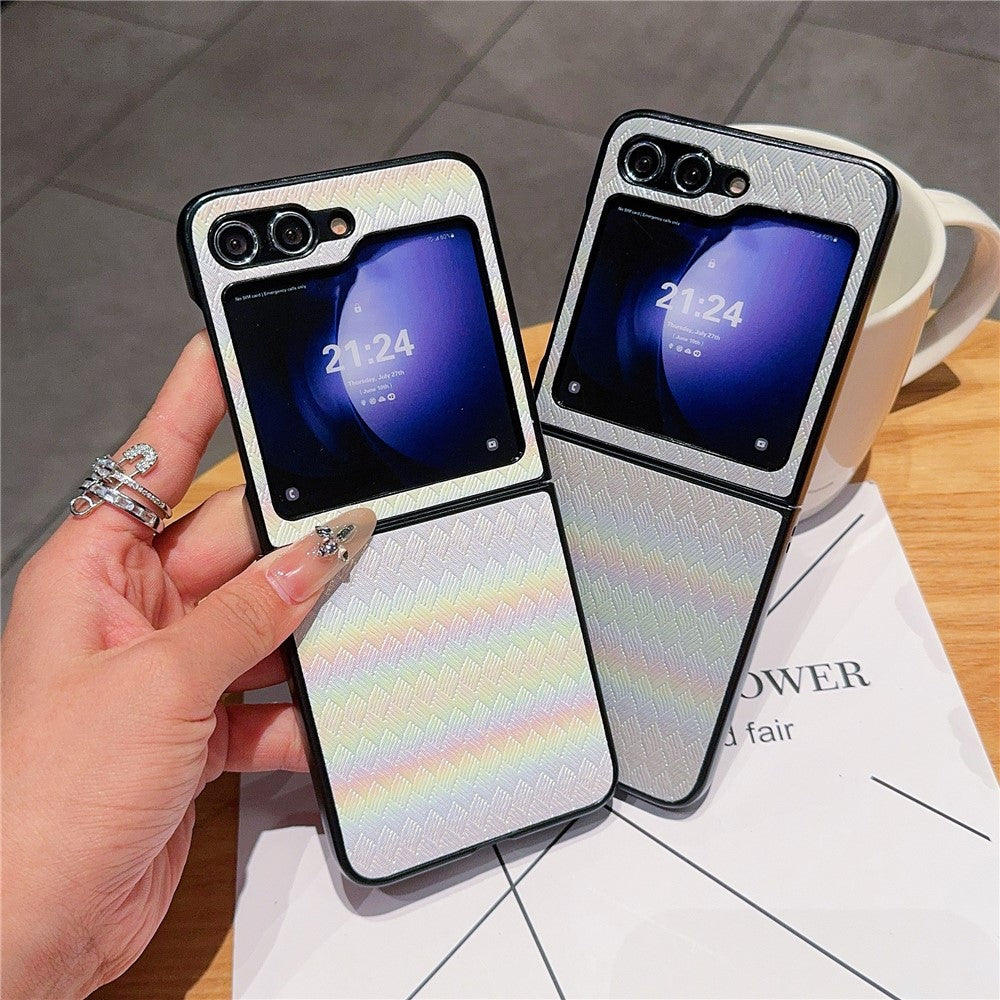 For Samsung Galaxy Z Flip7 FE 5G / Z Flip6 5G / Z Flip5 5G Case Two-Piece Design Leather + PC Laser Grid Phone Cover - White