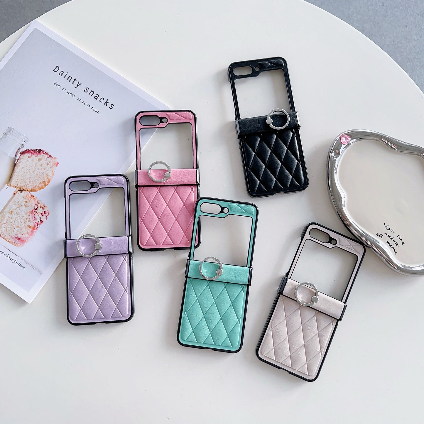 For Samsung Galaxy Z Flip6 5G Case Hinge Protection Leather Coated Phone Cover Rhombus Pattern, Ring Holder - Pink