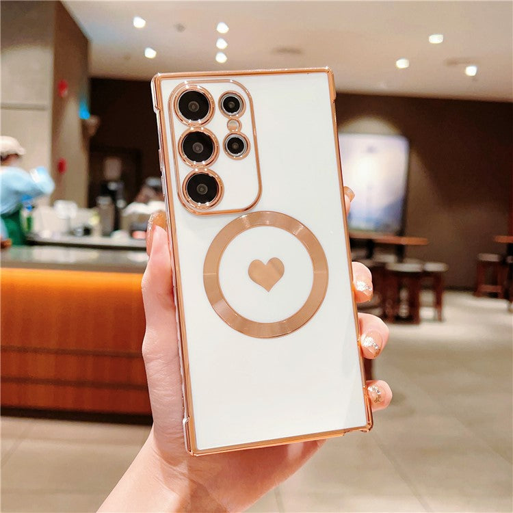 For Samsung Galaxy S23 Ultra Magnetic Case Soft TPU Phone Cover Love Heart Pattern - Ivory White