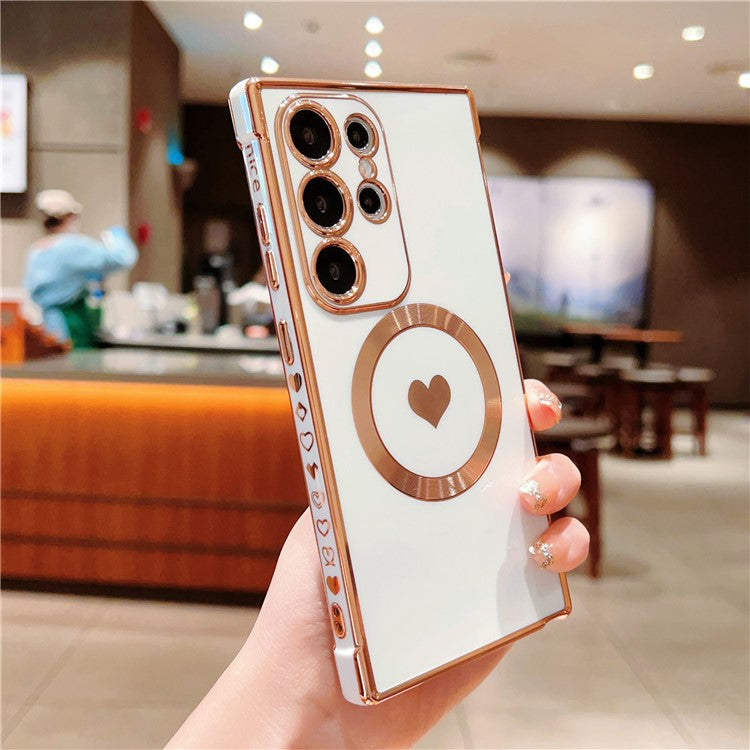 For Samsung Galaxy S23 Ultra Magnetic Case Soft TPU Phone Cover Love Heart Pattern - Ivory White