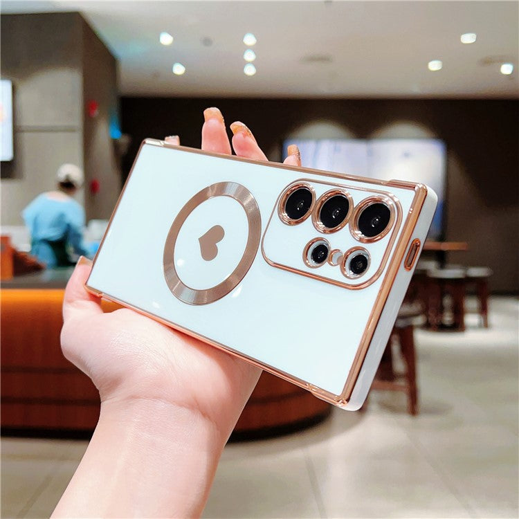 For Samsung Galaxy S23 Ultra Magnetic Case Soft TPU Phone Cover Love Heart Pattern - Ivory White