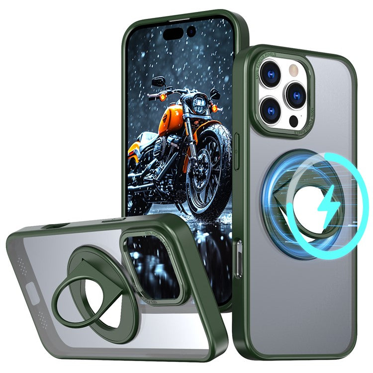 For iPhone 16 Pro Clear Back Case Compatible with MagSafe TPU+PC Kickstand Phone Cover - Blackish Green