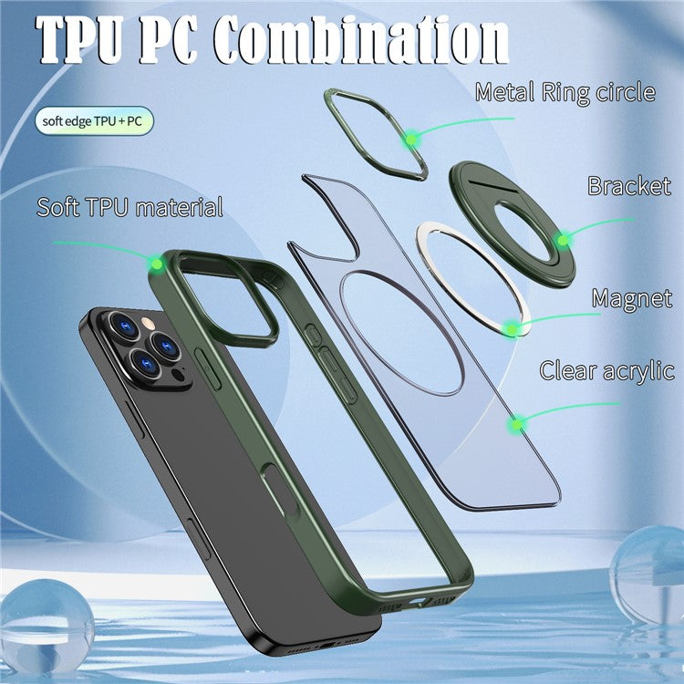 For iPhone 16 Pro Clear Back Case Compatible with MagSafe TPU+PC Kickstand Phone Cover - Blackish Green