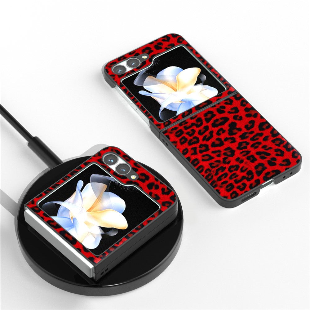 For Samsung Galaxy Z Flip7 FE 5G / Z Flip6 5G Case Black Edge PU+PC Leopard Pattern Phone Cover - Red