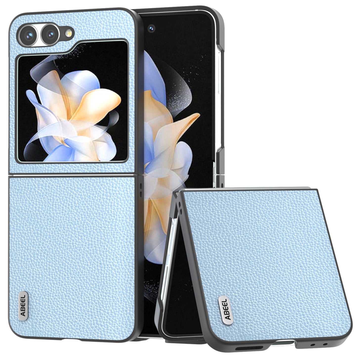ABEEL For Samsung Galaxy Z Flip6 5G Case Litchi Texture Genuine Cow Leather+PC Phone Cover - Baby Blue