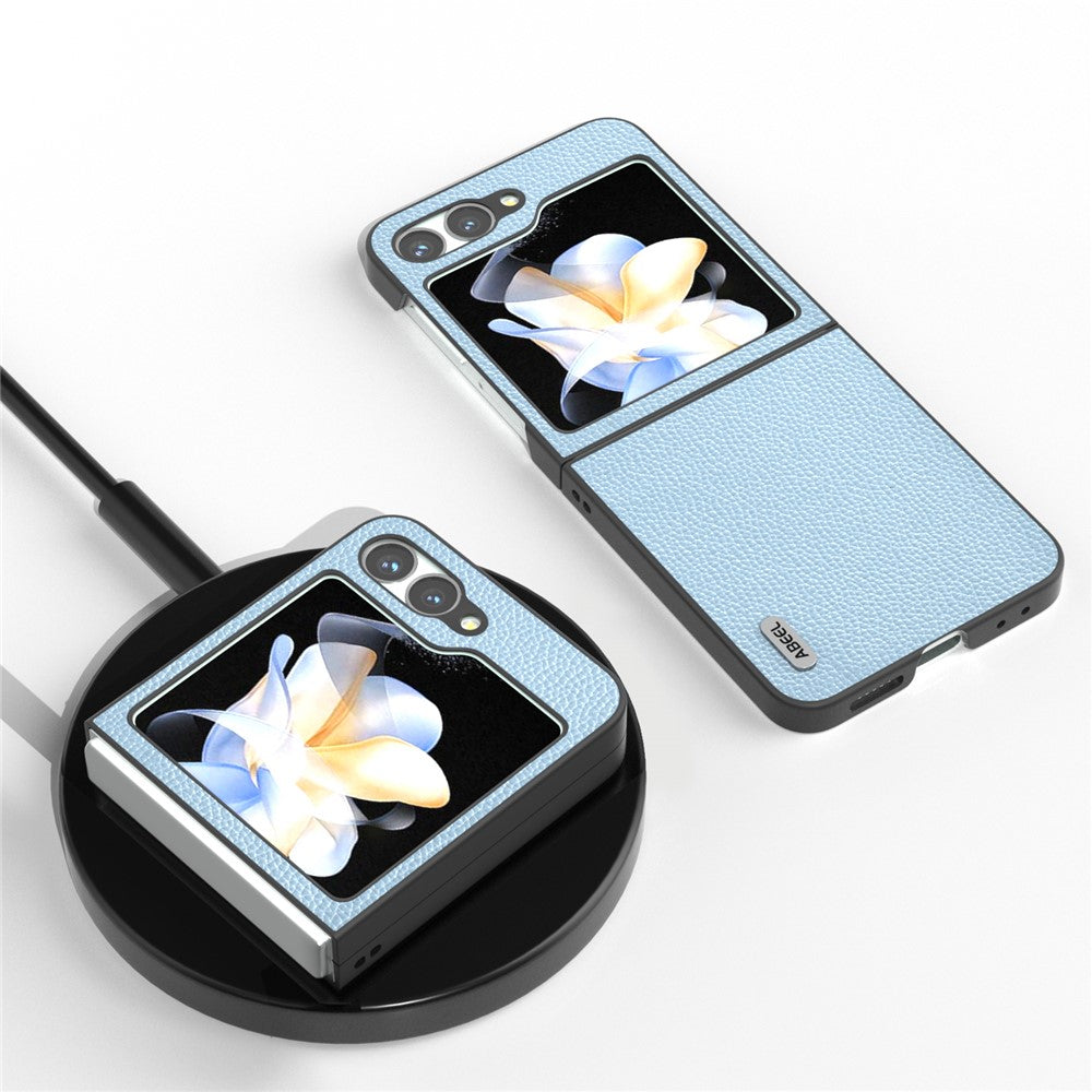 ABEEL For Samsung Galaxy Z Flip7 FE 5G / Z Flip6 5G Case Litchi Texture Genuine Cow Leather+PC Phone Cover - Baby Blue