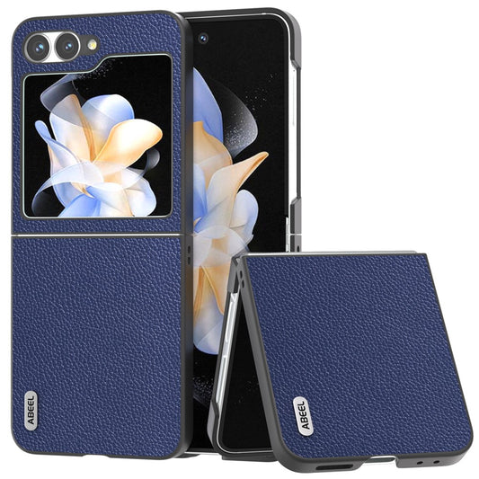 ABEEL For Samsung Galaxy Z Flip7 FE 5G / Z Flip6 5G Case Litchi Texture Genuine Cow Leather+PC Phone Cover - Blue