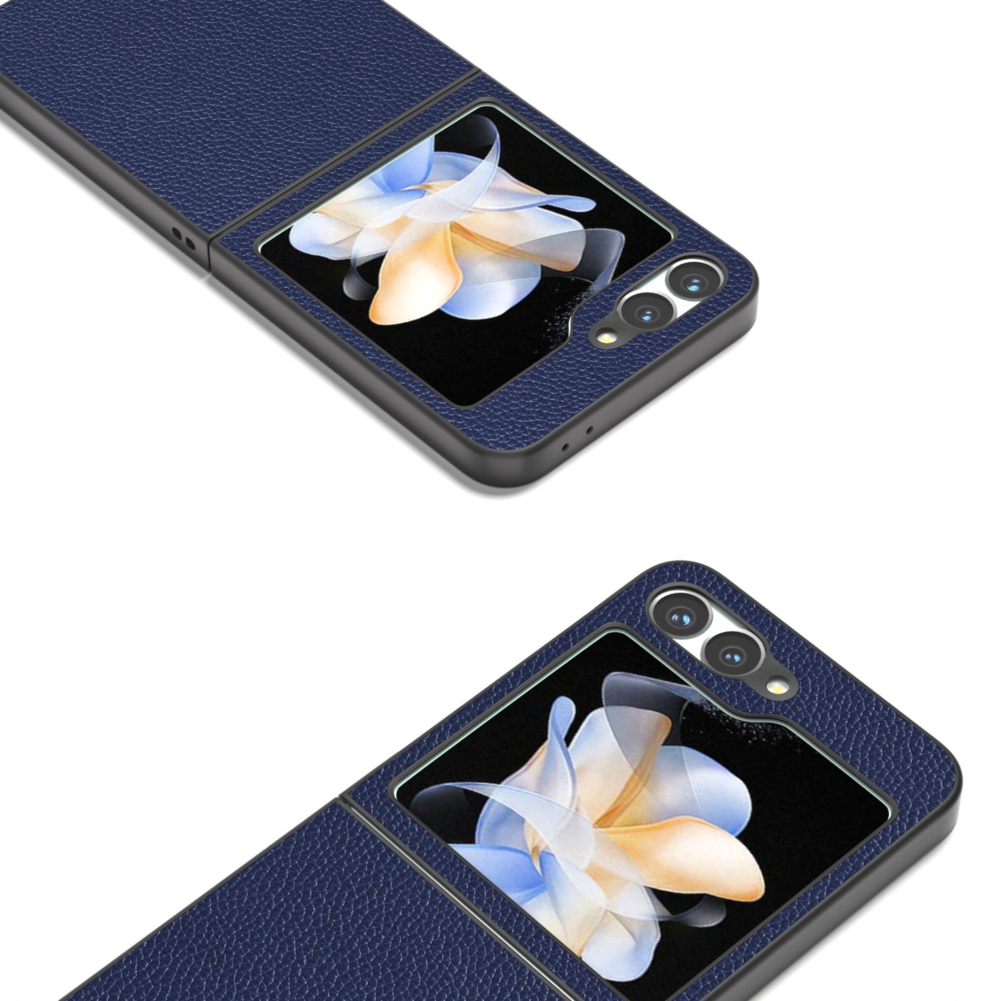 ABEEL For Samsung Galaxy Z Flip6 5G Case Litchi Texture Genuine Cow Leather+PC Phone Cover - Blue