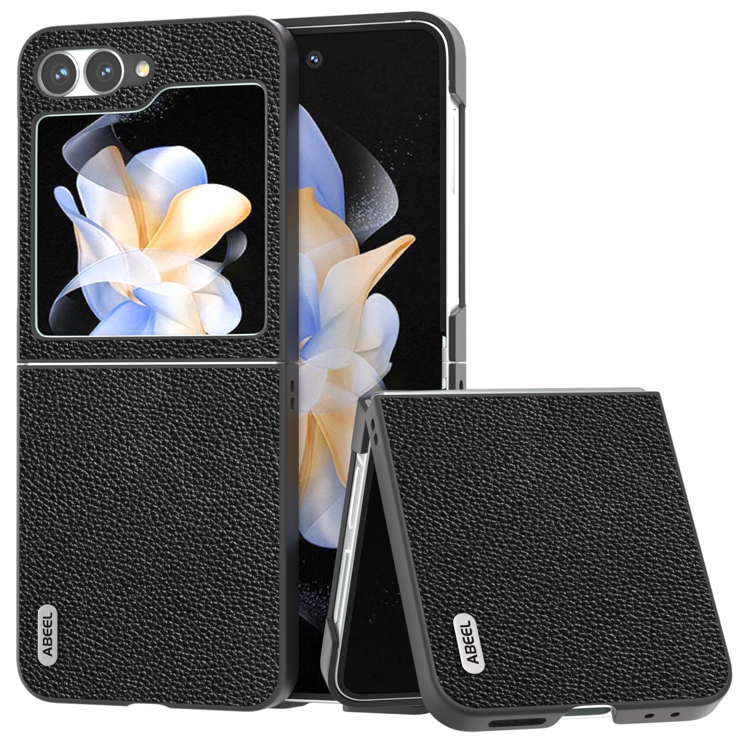 ABEEL For Samsung Galaxy Z Flip6 5G Case Litchi Texture Genuine Cow Leather+PC Phone Cover - Black