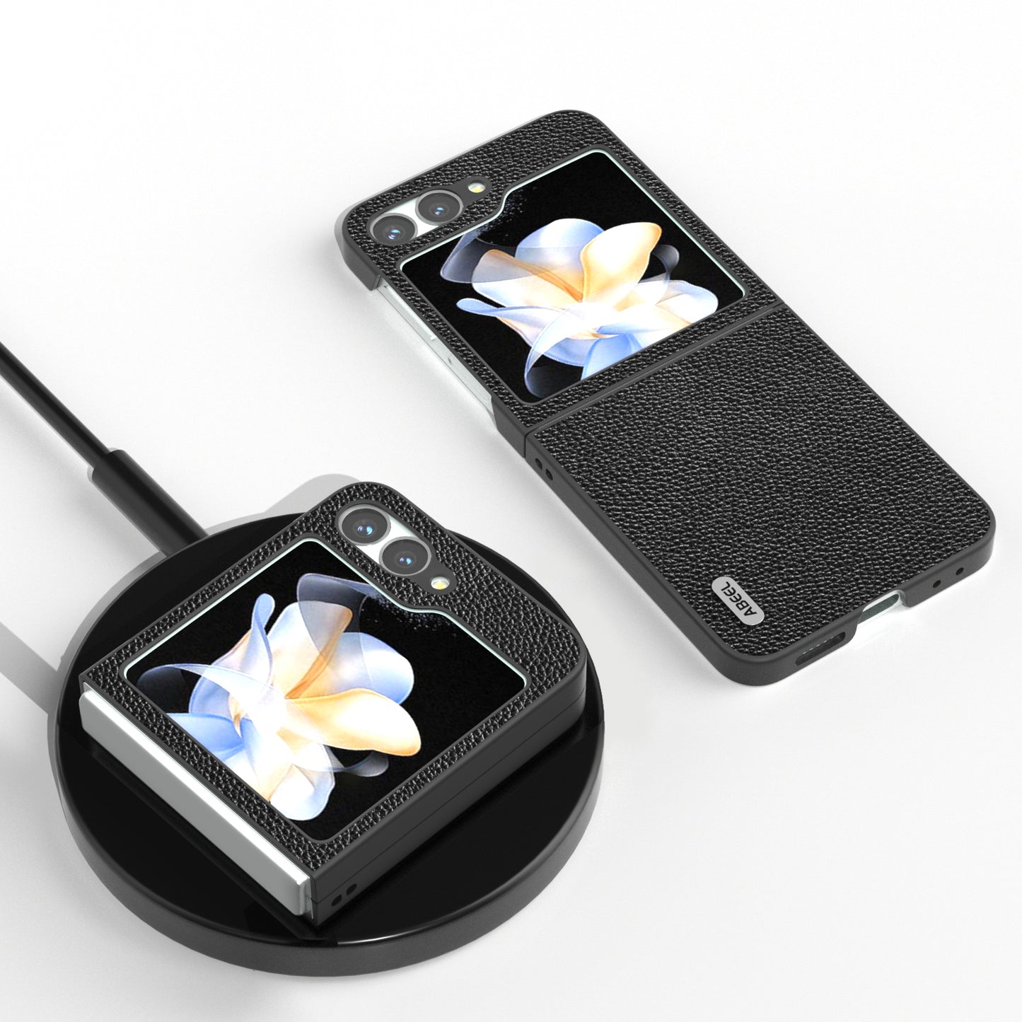 ABEEL For Samsung Galaxy Z Flip6 5G Case Litchi Texture Genuine Cow Leather+PC Phone Cover - Black