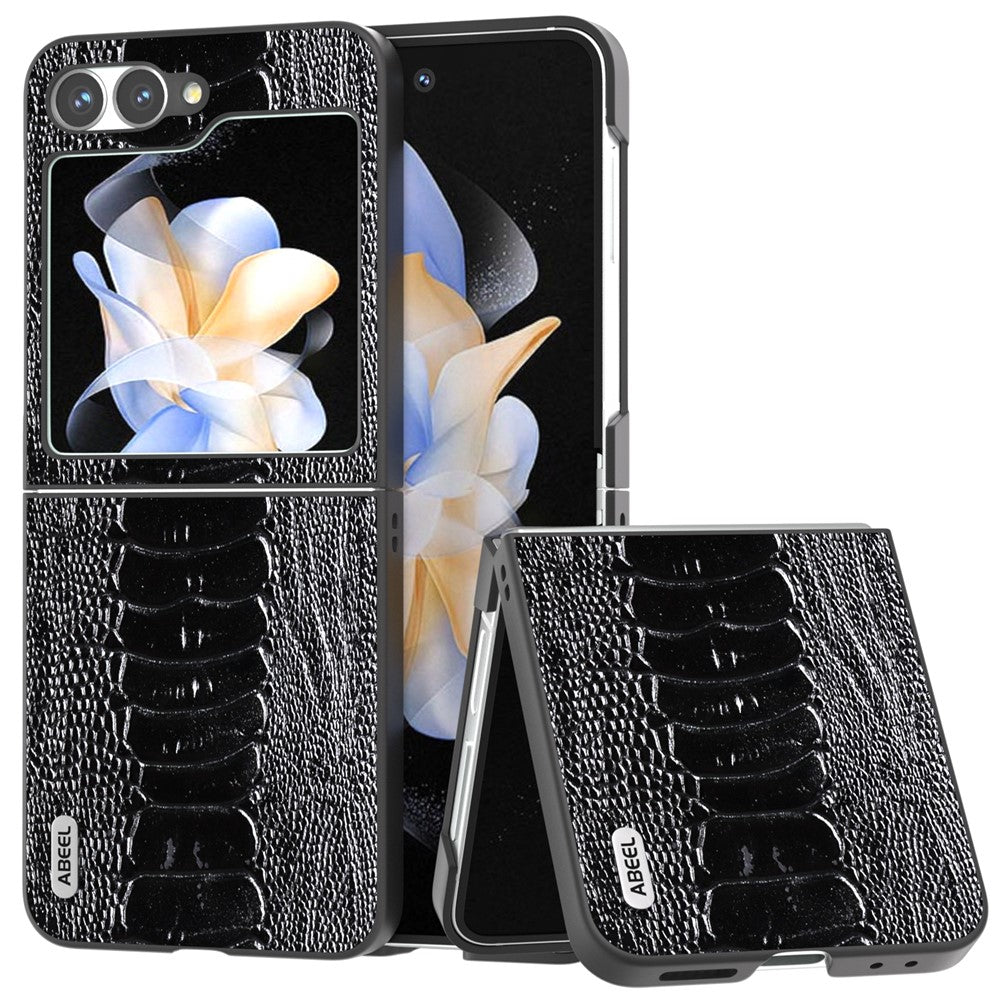 ABEEL For Samsung Galaxy Z Flip7 FE 5G / Z Flip6 5G Case Crocodile Texture Genuine Cow Leather Back Phone Cover - Black