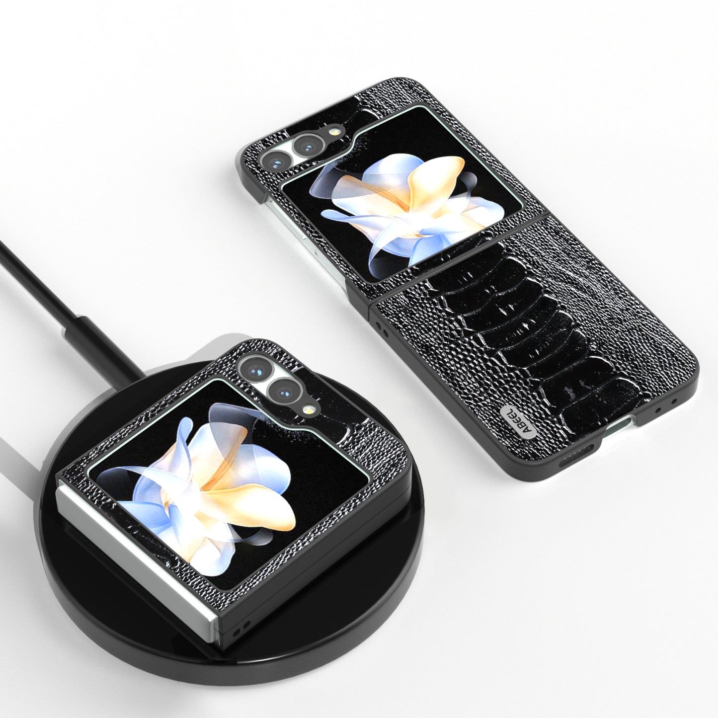 ABEEL For Samsung Galaxy Z Flip6 5G Case Crocodile Texture Genuine Cow Leather Back Phone Cover - Black