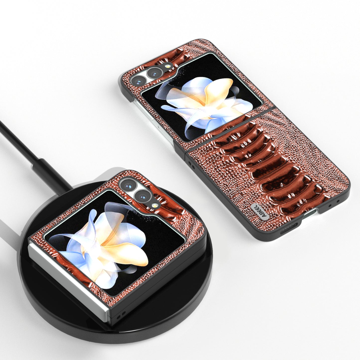 ABEEL For Samsung Galaxy Z Flip6 5G Case Crocodile Texture Genuine Cow Leather Back Phone Cover - Coffee