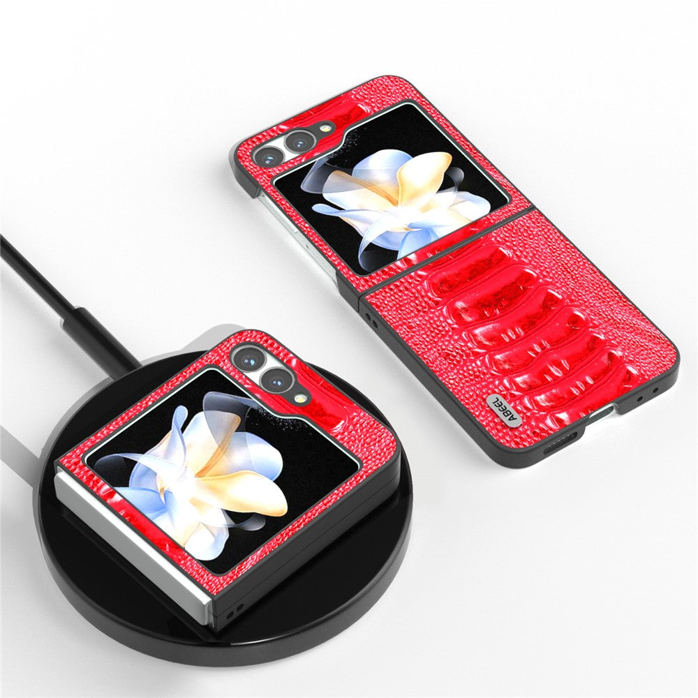 ABEEL For Samsung Galaxy Z Flip7 FE 5G / Z Flip6 5G Case Crocodile Texture Genuine Cow Leather Back Phone Cover - Red