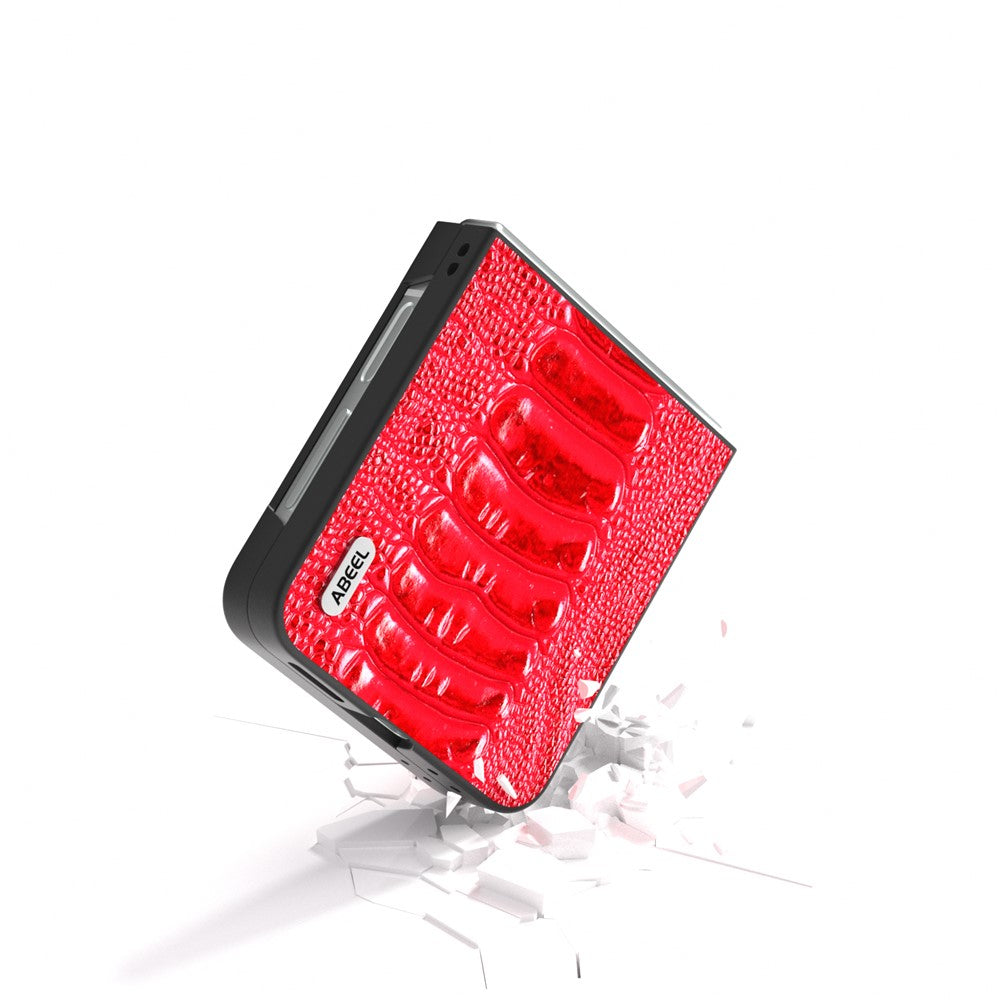 ABEEL For Samsung Galaxy Z Flip7 FE 5G / Z Flip6 5G Case Crocodile Texture Genuine Cow Leather Back Phone Cover - Red