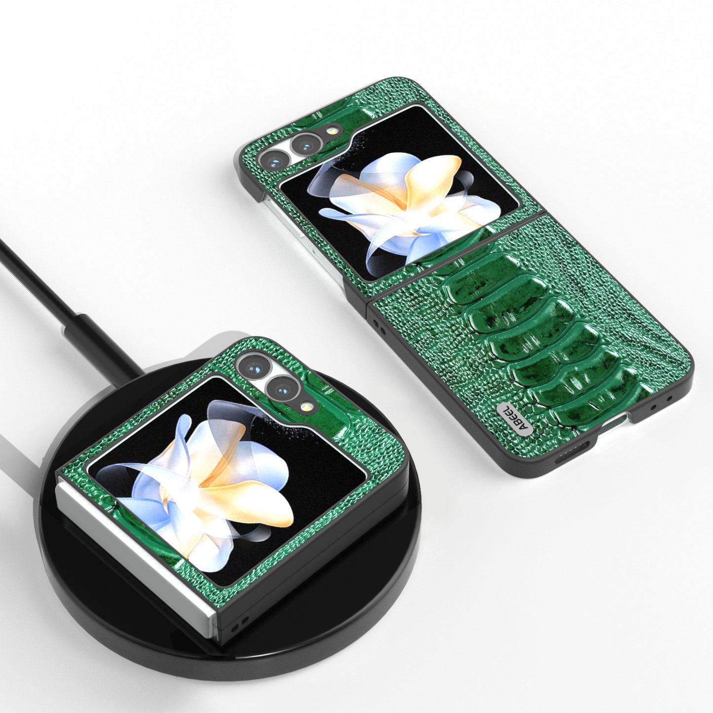 ABEEL For Samsung Galaxy Z Flip6 5G Case Crocodile Texture Genuine Cow Leather Back Phone Cover - Green