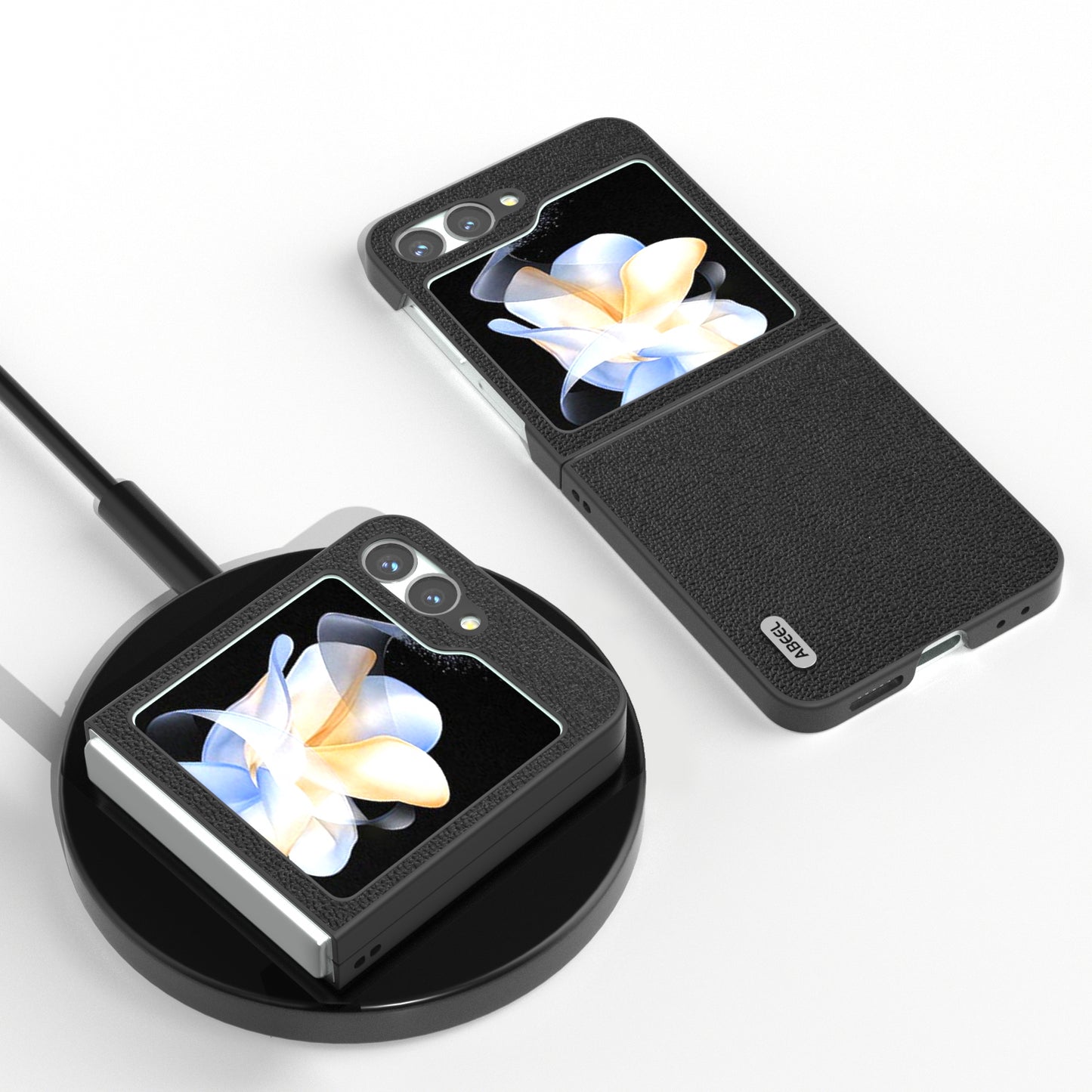 ABEEL For Samsung Galaxy Z Flip6 5G Case Genuine Cow Leather+PC Hard Phone Cover - Black