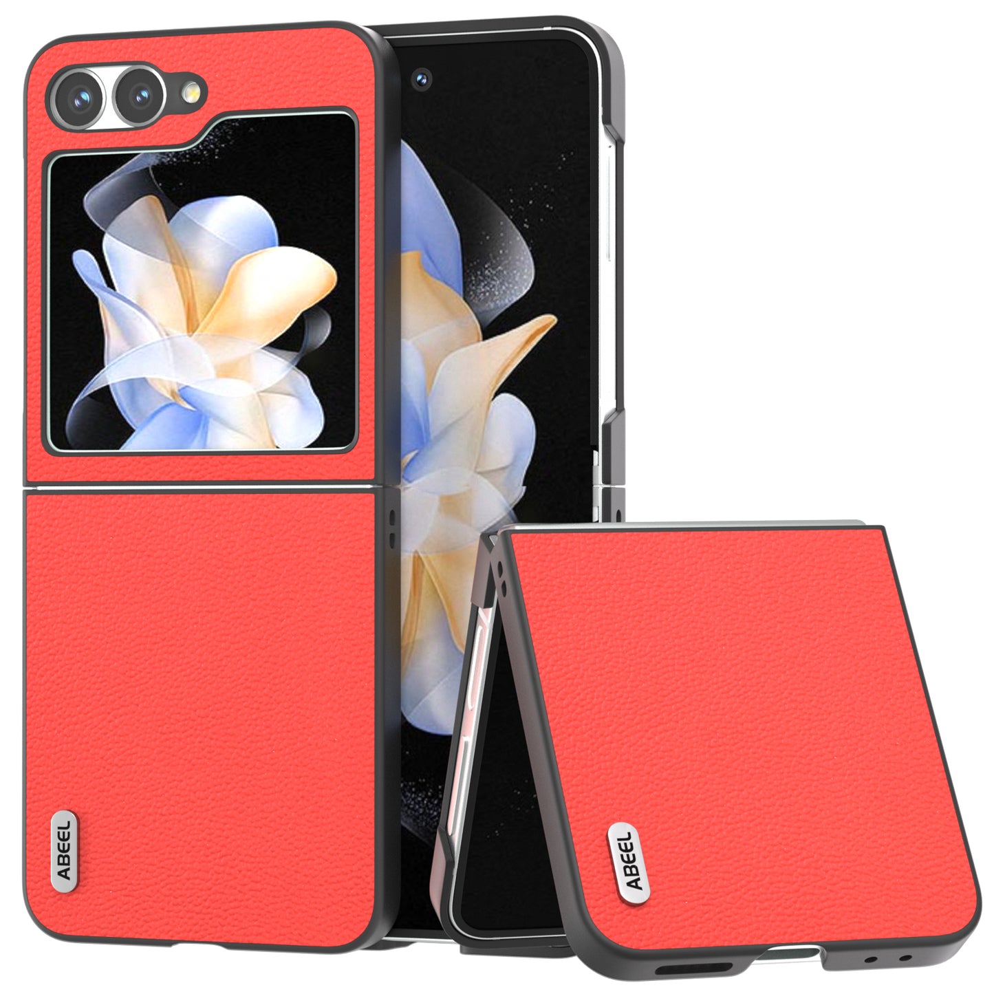 ABEEL For Samsung Galaxy Z Flip6 5G Case Genuine Cow Leather+PC Hard Phone Cover - Red