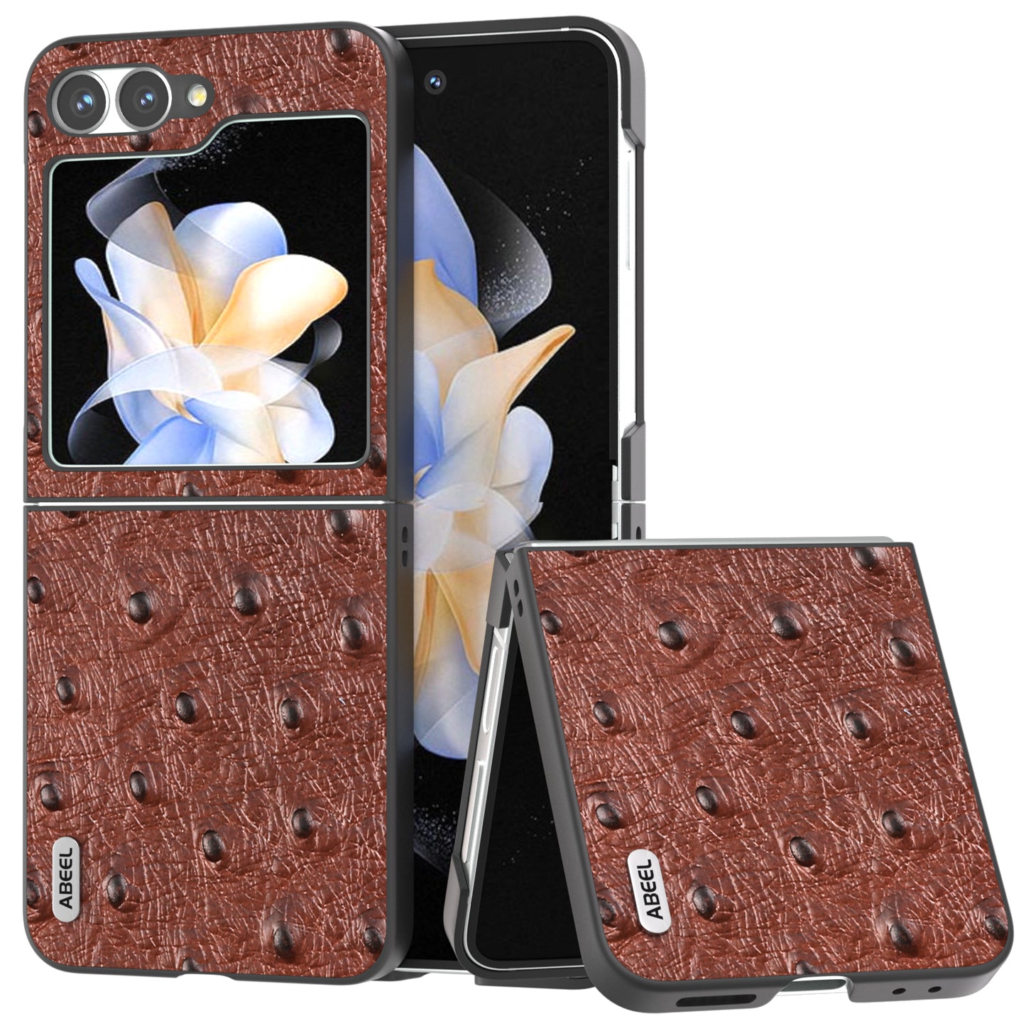ABEEL For Samsung Galaxy Z Flip6 5G Case Ostrich Texture Genuine Cow Leather Back Cover - Coffee