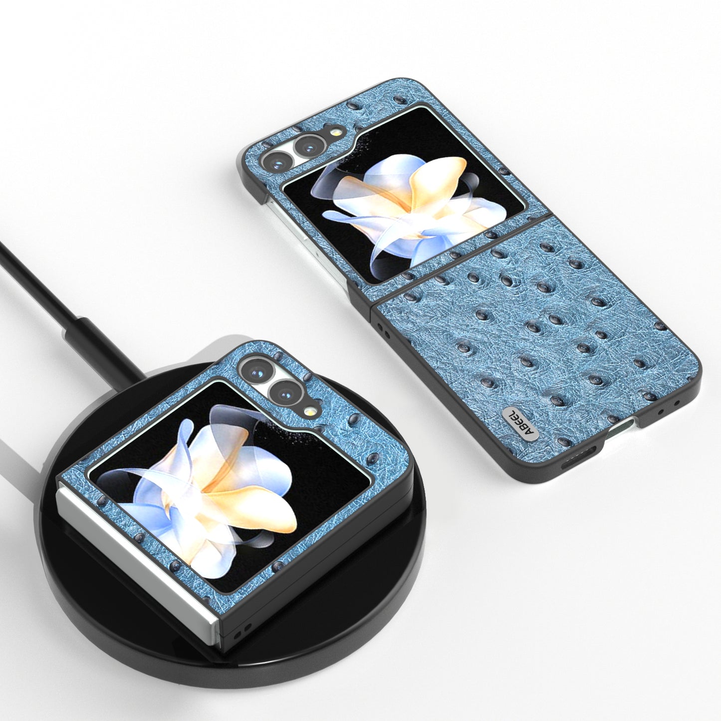 ABEEL For Samsung Galaxy Z Flip6 5G Case Ostrich Texture Genuine Cow Leather Back Cover - Blue