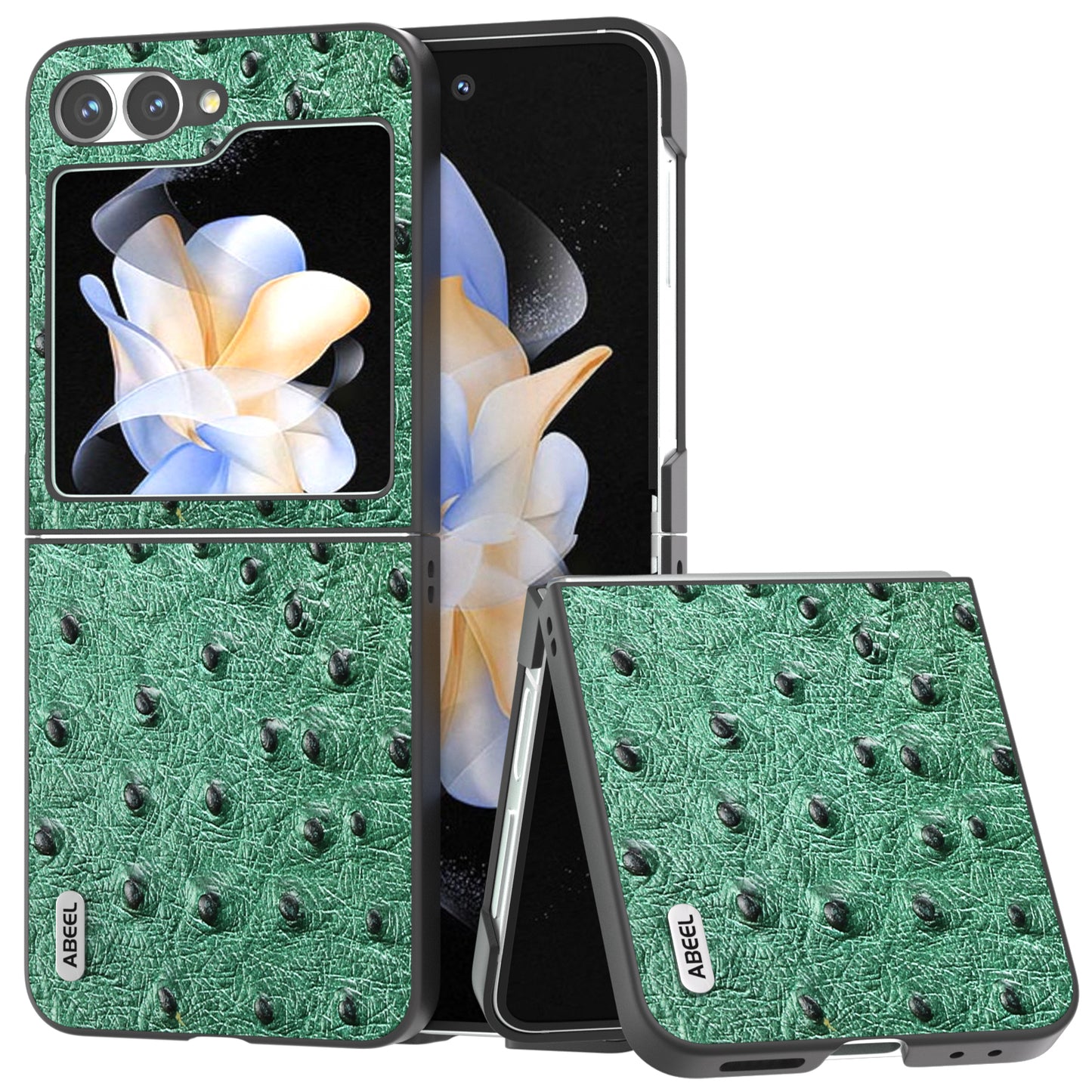 ABEEL For Samsung Galaxy Z Flip6 5G Case Ostrich Texture Genuine Cow Leather Back Cover - Green