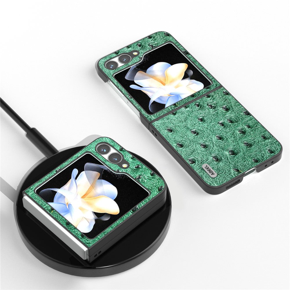 ABEEL For Samsung Galaxy Z Flip7 FE 5G / Z Flip6 5G Case Ostrich Texture Genuine Cow Leather Back Cover - Green