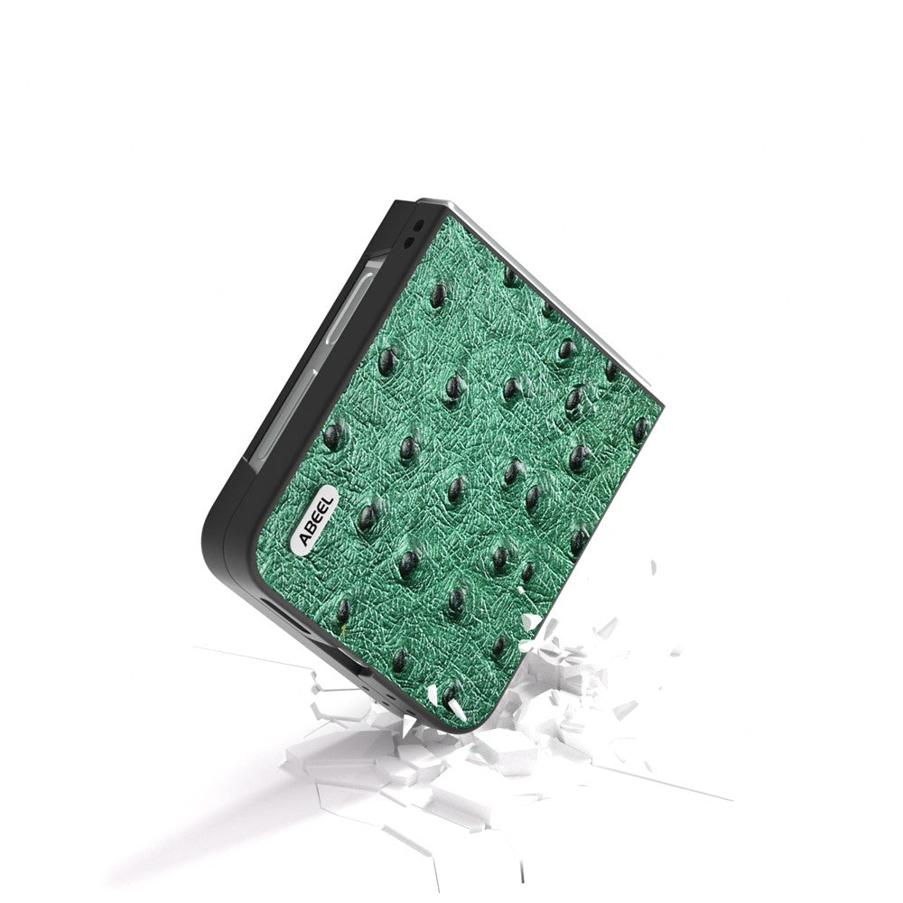ABEEL For Samsung Galaxy Z Flip7 FE 5G / Z Flip6 5G Case Ostrich Texture Genuine Cow Leather Back Cover - Green