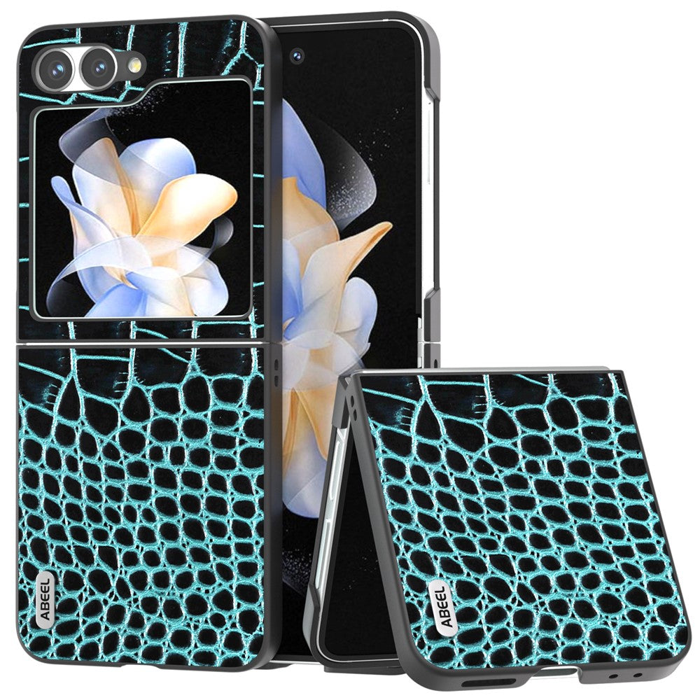 ABEEL For Samsung Galaxy Z Flip7 FE 5G / Z Flip6 5G Case Crocodile Texture Genuine Cow Leather Hard PC Cover - Midnight Green