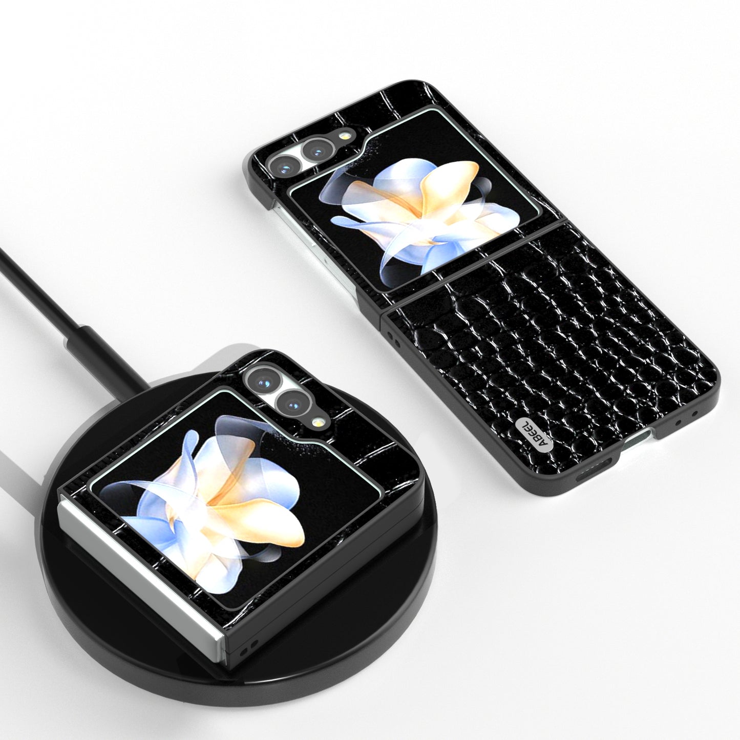 ABEEL For Samsung Galaxy Z Flip6 5G Case Crocodile Texture Genuine Cow Leather Hard PC Cover - Black