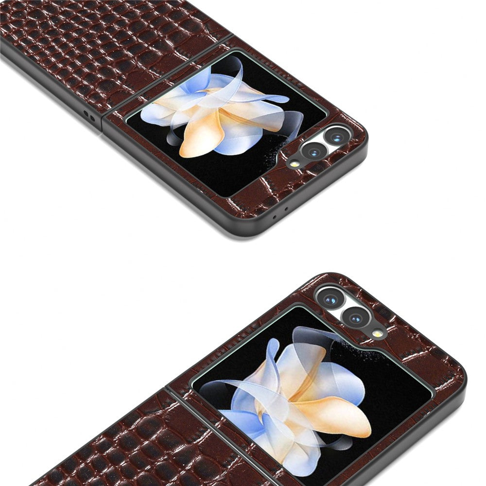 ABEEL For Samsung Galaxy Z Flip7 FE 5G / Z Flip6 5G Case Crocodile Texture Genuine Cow Leather Hard PC Cover - Coffee
